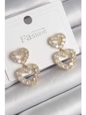 Belle Fusion Mey Ithalat® Pirinç Gold Renk Zirkon Taşlı Sallantı Kalp Model Kadın Küpe