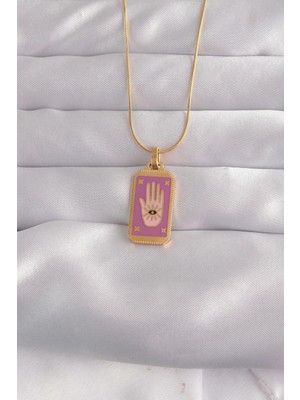 Belle Fusion Mey Ithalat® 316L Çelik Gold Renk Mor Mineli El Figür Tarot Kolye
