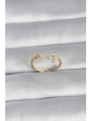 Belle Fusion Mey Ithalat® Pirinç Gold Renk Zirkon Taşlı Kelebek Model Kadın Yüzük