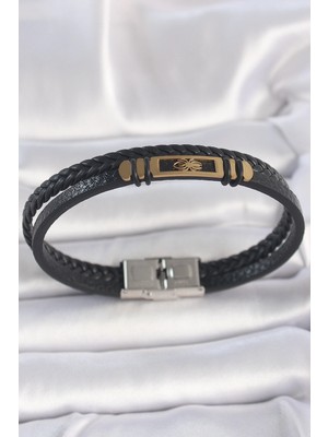 Belle Fusion Mey Ithalat® 316L Çelik Gold Renk Örümcek Figür Çift Sıra Burgu Desenli Deri Kordon Erkek Bileklik