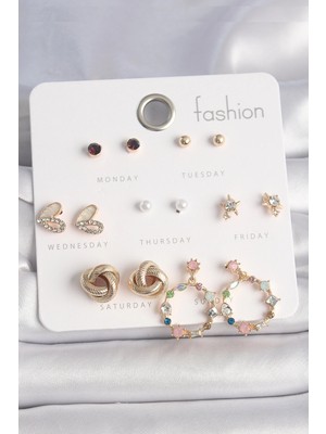 Belle Fusion Mey Ithalat® Pirinç Gold Renk Renkli Zirkon Taşlı Kalp Detay 7 Çift Kadın Küpe Seti