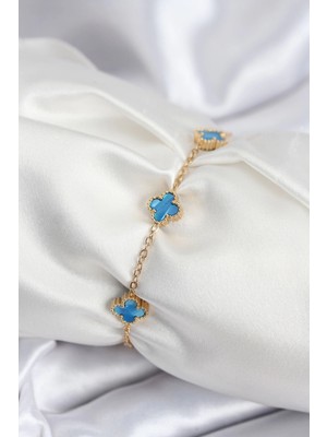 Belle Fusion Mey Ithalat® 316L Çelik Gold Renk Buz Mavisi Baby Boy Yonca Kadın Bileklik
