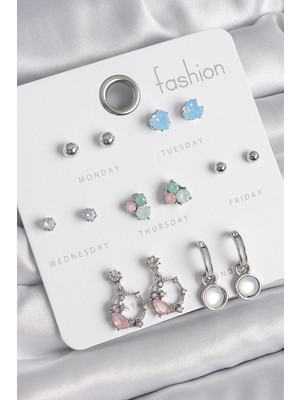 Belle Fusion Mey Ithalat® Pirinç Gümüş Renk Zirkon Taşlı Sallantı Halka Model Çiçek Detay 7 Çift Kadın Küpe Seti