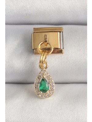 Belle Fusion Mey Ithalat® 316L Çelik Gold Renk Sallantı Damla Yeşil Zirkon Taşlı Nomination Charm