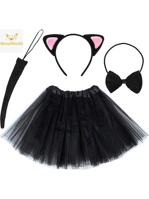 Belle Fusion Mey Ithalat® Kedi Kulak Taç Etek Kuyruk ve Papyon 4 Lü Set Çocuk Pembe