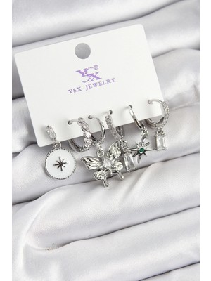 Belle Fusion Mey Ithalat® Pirinç Zirkon Taşlı Kelebek ve Yıldız Model Gümüş Renk 3'lü Çift Kadın Küpe