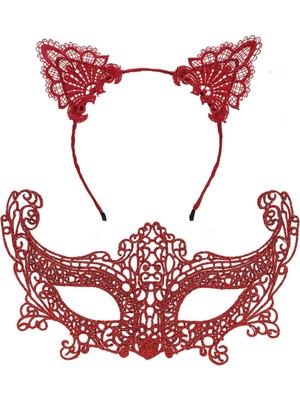 Belle Fusion Mey Ithalat® Romantik Kırmızı Dantel Maske Seti – Kedi Kulaklı Taç ve Maske 3 No