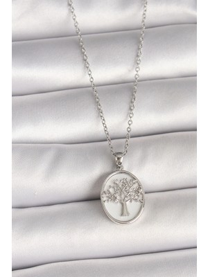 Belle Fusion Mey Ithalat® 316L Çelik Gümüş Renk Zincir Zirkon Taş Işlemeli Beyaz Mineli Ağaç Işlemeli Portre Model Kadın Kolye