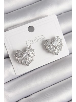 Belle Fusion Mey Ithalat® Pirinç Gümüş Renk Zirkon Taşlı Kalp Model Kadın Küpe