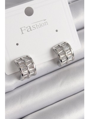 Belle Fusion Mey Ithalat® Pirinç Gümüş Renk Çift Sıra Zirkon Taşlı Kadın Küpe