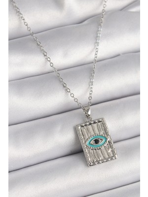 Belle Fusion Mey Ithalat® 316L Çelik Gümüş Renk Zirkon Taşlı Göz Işleme Detaylı Plaka Model Kadın Kolye