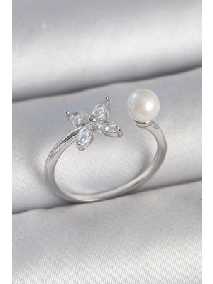 Belle Fusion Mey Ithalat® Pirinç Gümüş Renk Zirkon Taşlı Çiçek Model Inci Detay Ayarlanabilir Kadın Yüzük