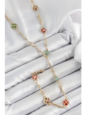 Belle Fusion Mey Ithalat® Pirinç Asorti Kalpli Yonca Model Gold Renk Zirkon Taşlı Y Kolye