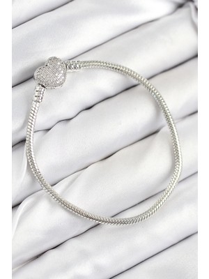 Belle Fusion Mey Ithalat® Pirinç Charm Zirkon Taşlı Kalp Model Gümüş Renk Kadın Bileklik