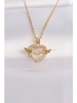Belle Fusion Mey Ithalat® 316L Çelik Zincir Altın Renk Zirkon Taşlı Kanatlı Kalp Kolye
