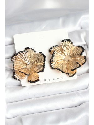 Belle Fusion Mey Ithalat® Pirinç Gold Renk Siyah Mine Detaylı Lotus Kadın Küpe