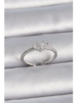 Belle Fusion Mey Ithalat® Pirinç Gümüş Renk Ayaralanabilir Zirkon Taşlı Kalp Model Kadın Yüzük