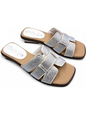 Guja G26Y467 Alçak Topuklu (3 Cm) Rhinestones Taşlı Bej Renk Şık Kadın Terlik