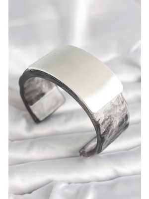 Belle Fusion Mey Ithalat® Siyah Mermer Desen Akrilik Plastik Dikdörtgen Plaka Model Vintage Kadın Bilezik