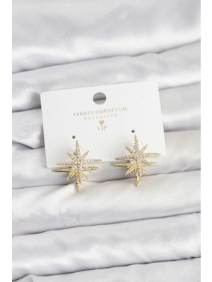 Belle Fusion Mey Ithalat® Gold Renk Pirinç Çift Taraflı Kutup Yıldızı Kadın Küpe