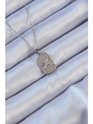 Belle Fusion Mey Ithalat® 316L Çelik Zincir Gümüş Renk Zirkon Taşlı Kutup Yıldızlı Vintage Kolye