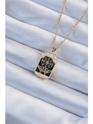 Belle Fusion Mey Ithalat® 316L Çelik Zincir Altın Renk Işlemeli Siyah Mineli Tarot Kolye