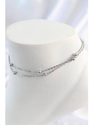 Belle Fusion Mey Ithalat® 316L Çelik Gümüş Renk 2'li Topçuk Detay Zincir Model Kadın Halhal