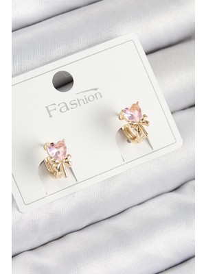 Belle Fusion Mey Ithalat® Pirinç Zirkon Taşlı Fiyonklu Kalp Model Gold Renk Çocuk Küpe