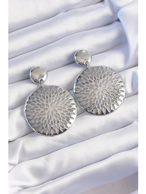 Belle Fusion Mey Ithalat® Pirinç Gümüş Renk Oval Işlemeli Küpe