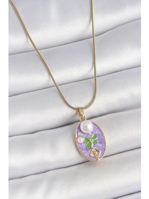 Belle Fusion Mey Ithalat® 316L Çelik Gold Renk Zincir Mor Mineli Oval Incili Çiçek Işlemeli Portre Model Kadın Kolye
