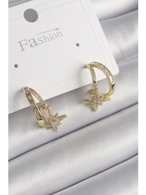 Belle Fusion Mey Ithalat® Pirinç Gold Renk Zirkon Taşlı Halka Model Yıldız Detay Kadın Küpe