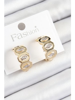 Belle Fusion Mey Ithalat® Pirinç Zirkon Taşlı Damla Figürlü Halka Model Gold Renk Kadın Küpe