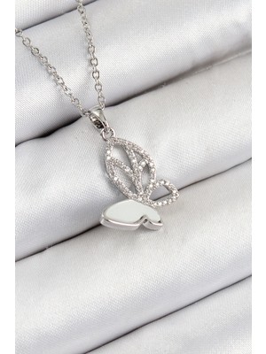 Belle Fusion Mey Ithalat® 316L Çelik Zirkon Taşlı Kelebek Model Gümüş Renk Kadın Kolye