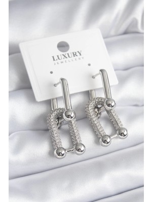 Belle Fusion Mey Ithalat® Pirinç Gümüş Renk Zirkon Taşlı Model Vıp Seri Kadın Küpe