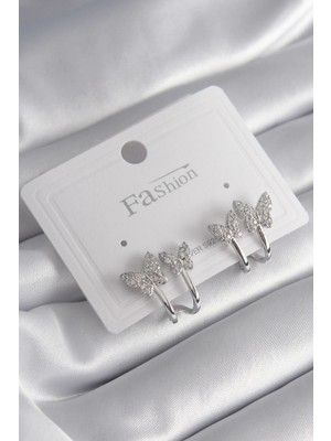 Belle Fusion Mey Ithalat® Pirinç Gümüş Renk Zirkon Taşlı Kelebek Model Kadın Küpe