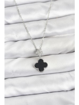 Belle Fusion Mey Ithalat® 316L Çelik Zincir Gümüş Renk Yonca Model Zirkon Taşlı Kadın Kolye