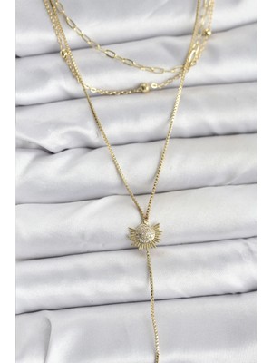 Belle Fusion Mey Ithalat® Pirinç Gold Renk Zirkon Taşlı Güneş Model Detaylı 3'lü Kombin Y Kadın Kolye