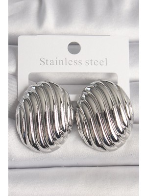 Belle Fusion Mey Ithalat® Pirinç Gümüş Renk Işlemeli Oval Model Kadın Küpe