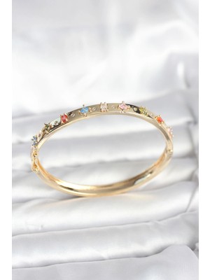 Belle Fusion Mey Ithalat® Pirinç Gold Renk Zirkon Taşlı Kelepçe Bileklik