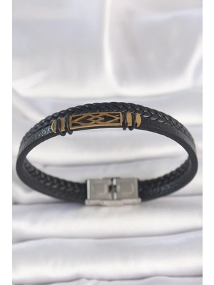 Belle Fusion Mey Ithalat® 316L Çelik Gold Renk Aksesuarlı Çift Sıra Siyah Burgu Desenli Deri Kordon Erkek Bileklik