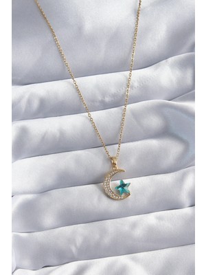 Belle Fusion Mey Ithalat® 316L Çelik Gold Renk Zincir Zirkon Taş Detay Hilal Yıldızı Figür Kadın Kolye