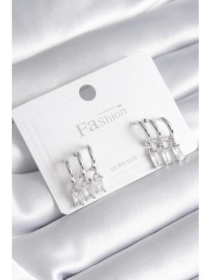 Belle Fusion Mey Ithalat® Pirinç Gümüş Renk 3'lü Sallantı Zirkon Taşlı Küpe