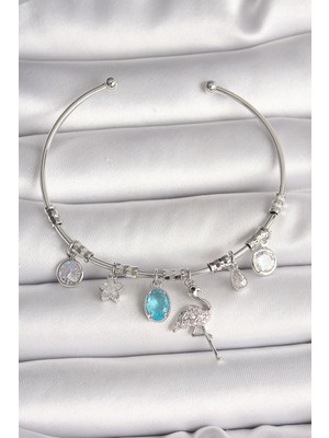 Belle Fusion Mey Ithalat® Pirinç Gümüş Renk Sallantı Zirkon Taşlı Filaminga Figür Charm Kadın Bileklik