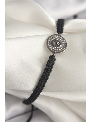 Belle Fusion Mey Ithalat® Pirinç Füme Renk Zirkon Taşlı Nazar Boncuk Işleme Makrome Asansörlü Model Kadın Bileklik