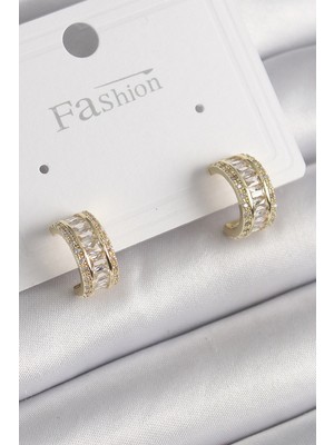 Belle Fusion Mey Ithalat® Pirinç Gold Renk Zirkon Taşlı Halka Model Kadın Küpe