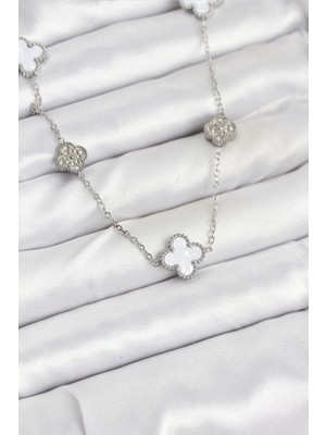 Belle Fusion Mey Ithalat® 316L Çelik Zincir Gümüş Renk Beyaz ve Zirkon Taşlı Yonca Kadın Kolye