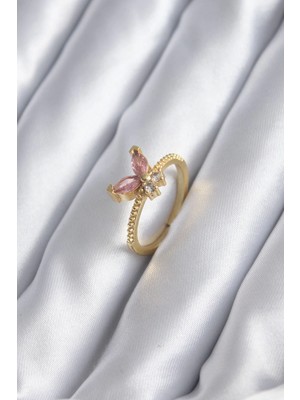 Belle Fusion Mey Ithalat® Gold Renk Pembe Zirkon Taşlı Kelebek Model Kadın Yüzük