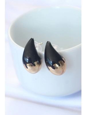 Belle Fusion Mey Ithalat® Minimal Siyah Mineli Çift Renk Damla Küpe