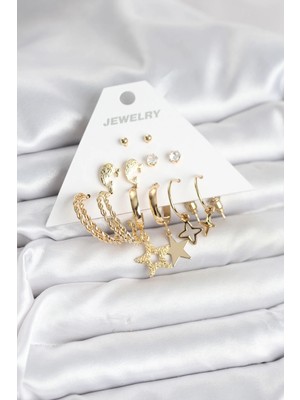 Belle Fusion Mey Ithalat® Gold Renk Yıldızlı Set 6 Çift Kadın Küpe Seti