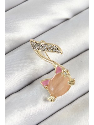 Belle Fusion Mey Ithalat® Zirkon Taşlı 3D Kedi Detaylı Nota Figürlü Gold Renk Kadın Broş